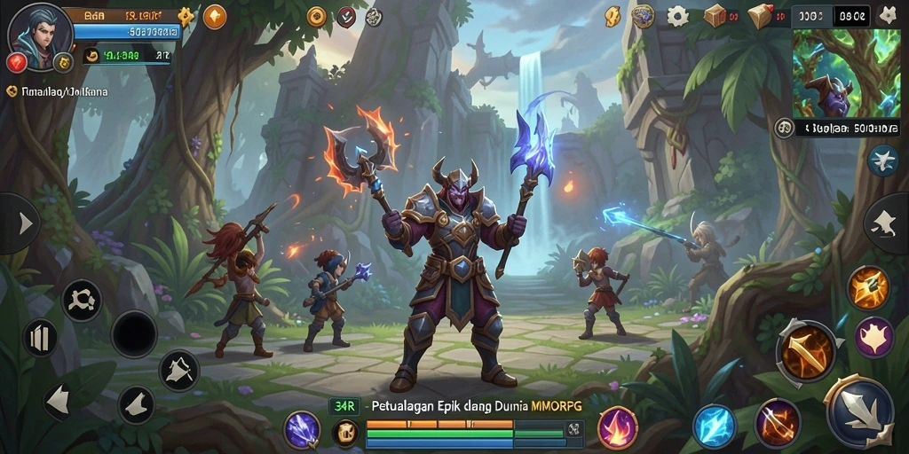 Screenshot gameplay utama 34R menampilkan pertarungan seru dalam dunia MMORPG.