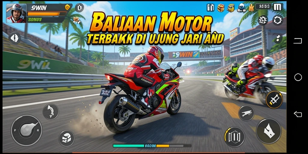 Screenshot utama 9WIN menampilkan gameplay balapan motor yang mendebarkan.