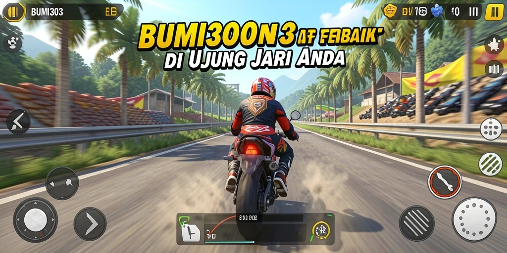 Tampilan gameplay menegangkan dari BUMI303 saat balapan motor.