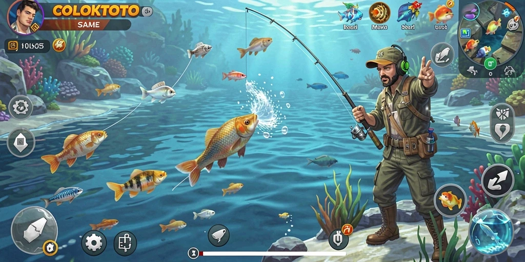 Screenshot gameplay COLOKTOTO menampilkan aksi memancing seru.