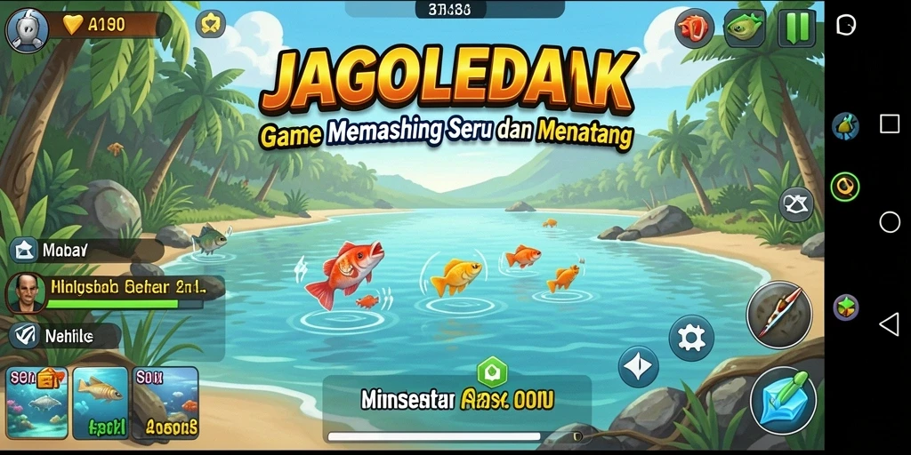 Tampilan gameplay JAGOLEDAK saat menangkap ikan di danau yang indah.