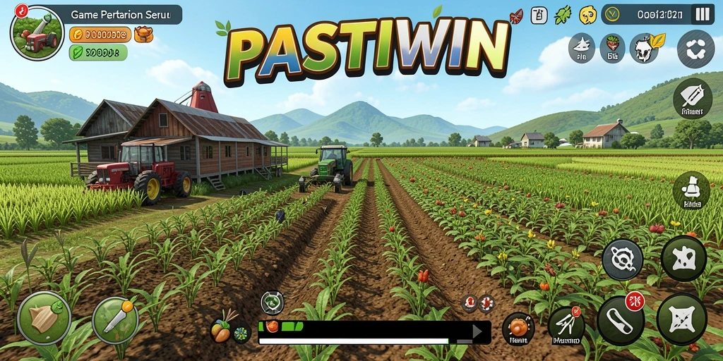 Screenshot utama PASTIWIN yang menampilkan gameplay bertani dan merawat tanaman.