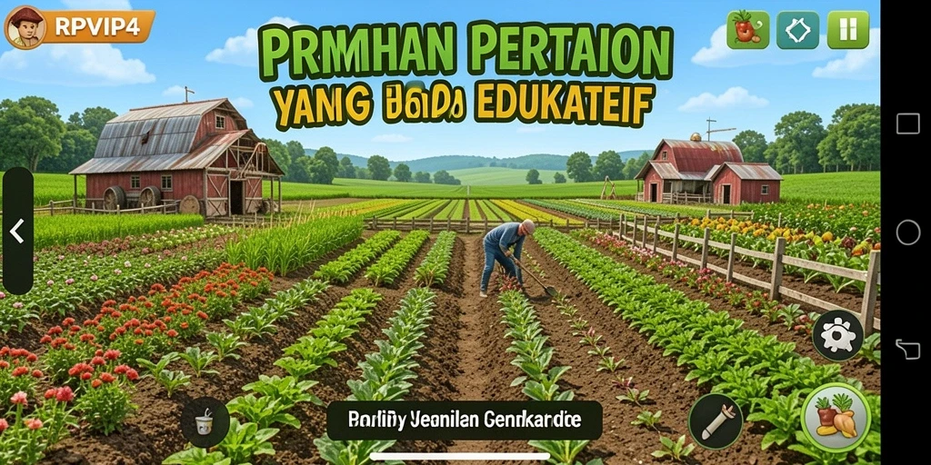 Screenshot RPVIP4 menampilkan kebun yang subur dan aktivitas bertani yang menyenangkan.