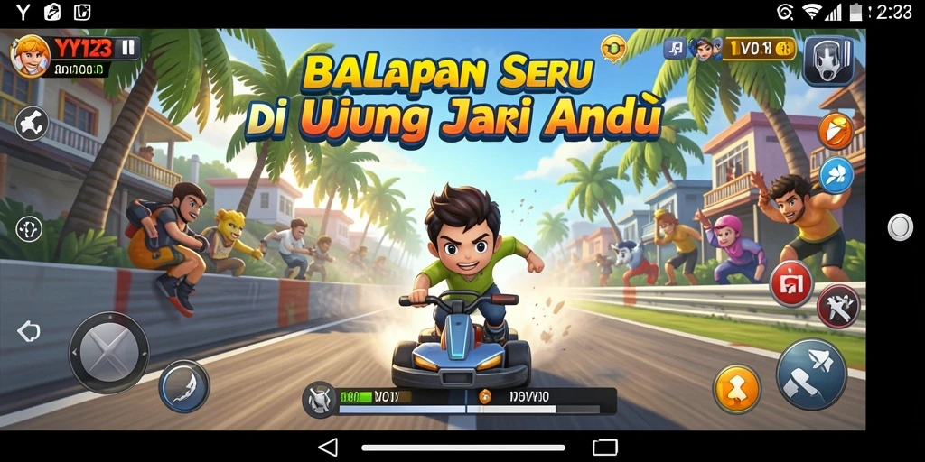 Gameplay YY123 dengan mobil balap yang cepat dan trek yang menantang.